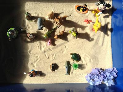 Sand Tray Therapy Class: My Family, an almost first sand tray with translation, Student #1